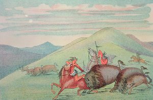 Toro de búfalo protegiendo a la cría y a la madre bajo ataque de George Catlin